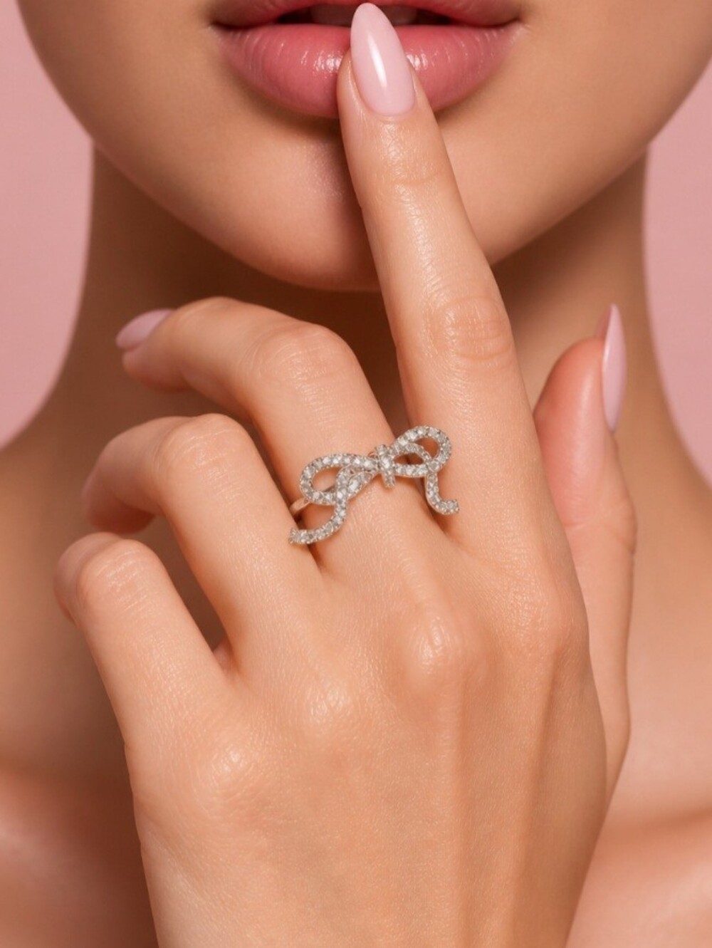 Nolan Miller Signed Silver Crystal Bow Ring Sz. 7, New - Picture 2 of 7